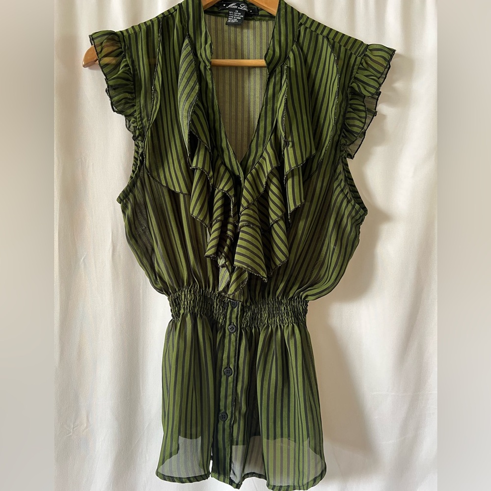 Miss Lili Green Stripe Sleeveless Ruffle Blouse, 1X